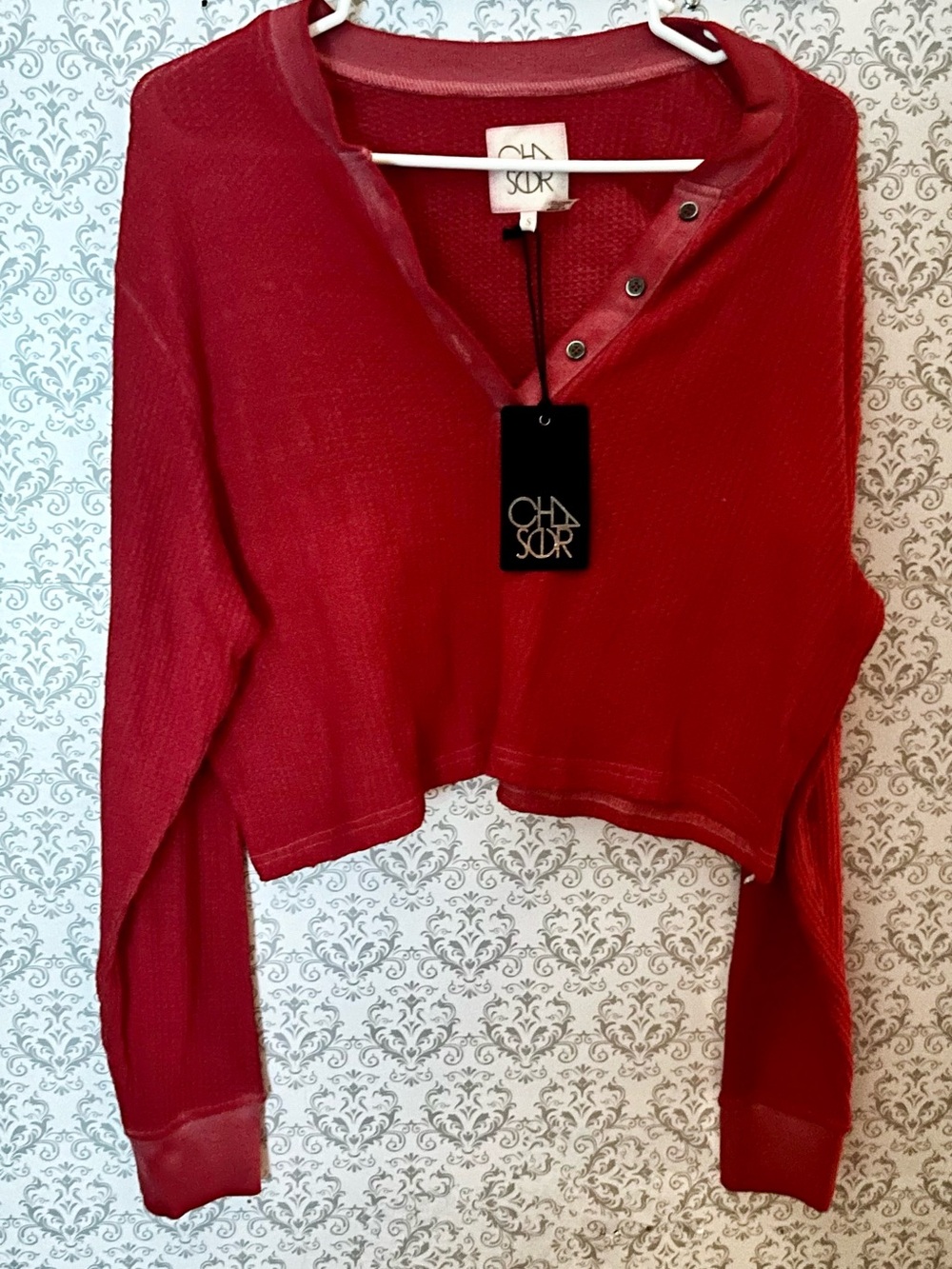 Chaser Red Cropped Henley Thermal Pullover